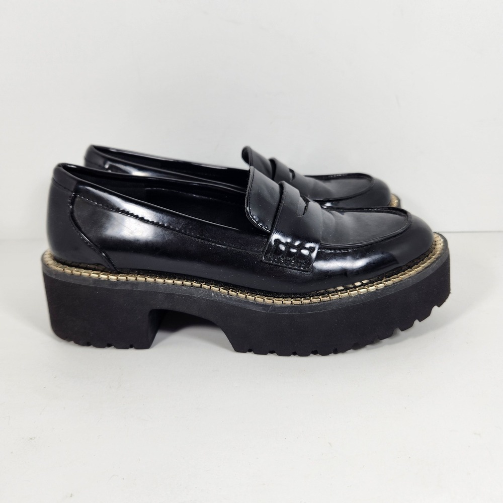 DKNY Womens‎ Black Platform Penny Loafers Lug Sole Chain Detail K3009093 Size 6M